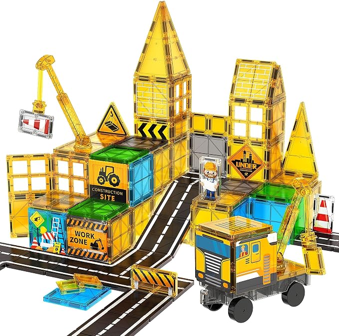 SKTMYY Magnetic Tiles for Kids, Construction Toys with Crane Road Truck | Magnets Building Blocks, Ages 3-5 4-8, Montessori Preschool Educational, STEM Toy, Birthday Gift for 3+ Years Old Boys