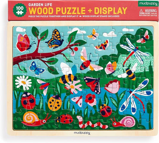 Mudpuppy Garden Life 100 Piece Wooden Puzzle for Kids, Ages 5+ | Scenic Garden Theme, Bright and Bold Illustrations, Display Stand Included, Sturdy Pieces, Wood, Room Decor