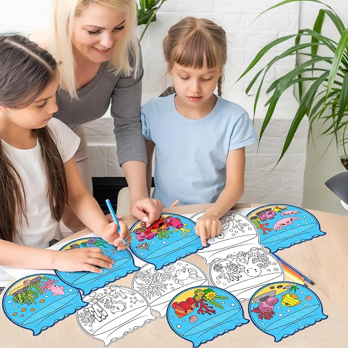 ANGOLIO Summer Fishbowl Craft Kits - 83Pcs DIY Coloring Sea Animal Ornament | Ocean Themed Paper Ornament Set, Ocean Fish Coloring Activities, Classroom Reward Party Favors, Hanging Décor For Kids Room