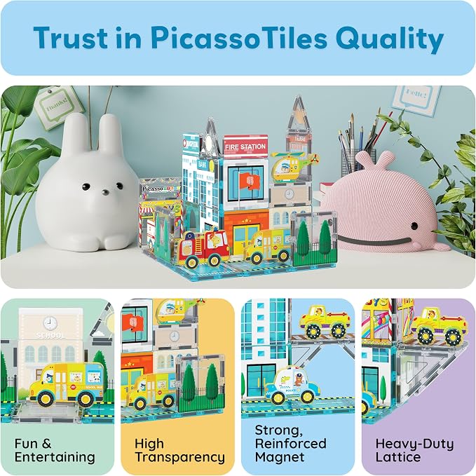 PicassoTiles Metro City Hospital Magnetic Tiles, STEM Building Set Ages 3+ | 8 vehicles and figures, illustrated road and rescue scenes, imaginative role play, screen-free learning for curious minds
