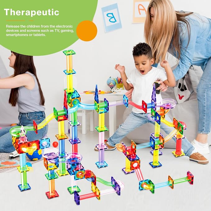 PicassoTiles 200 PCS Picasso Tiles Marble Run LED Race Track Set Ages 3+ | 193 translucent parts, 7 balls including 2 light-up, vertical & horizontal 3D builds, BPA-free ABS, fine motor & spatial play