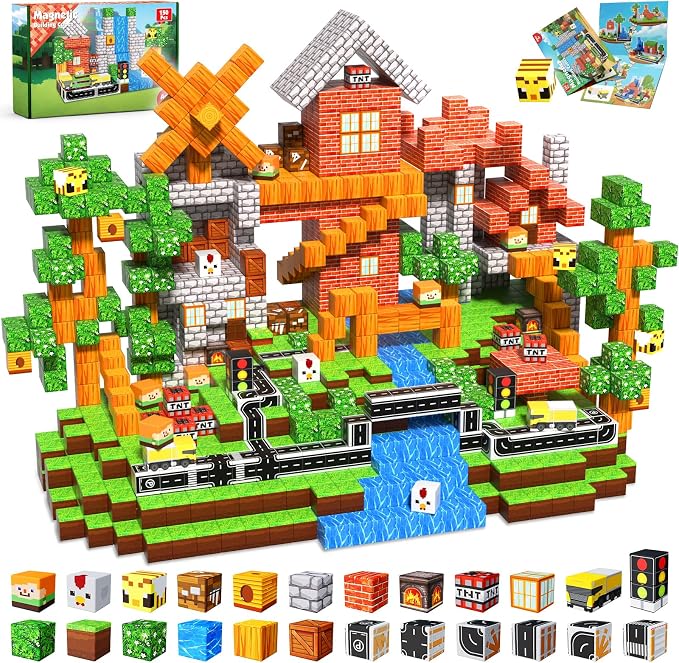 Magneverse 150 PCS Magnetic Blocks - Forest Village Building Block for Kids Ages 4-8, Magnetic Cubes for Boys Girls, STEM Educational Stacking Magnet Toy for 3 4 5 6 7 8 9 10 11 12 Birthday Gifts