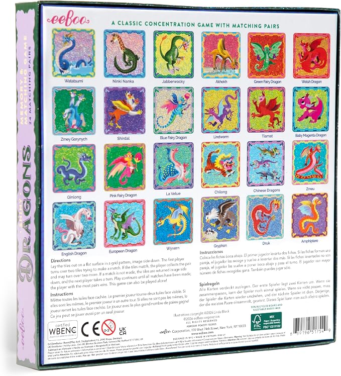 eeBoo Shiny Dragons Memory & Matching Game, Ages 3+, 1-4 Players | Introduces mythical dragons. Sharpens recognition, concentration & memory skills. Includes 48 foil tiles, 24 pairs