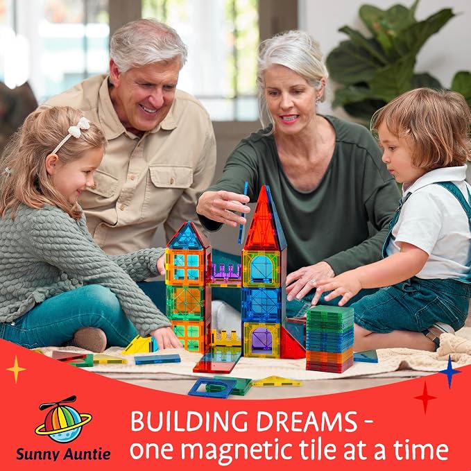 SUNNY AUNTIE Magnetic Tiles STEM Toys Building Set, Ages 3+ - 180 Pieces | Magnetic Tiles Building Toys, STEM Toys, Magnetic Blocks Construction Set, with 2 Cars & Guide Booklet for Kids Ages 3+