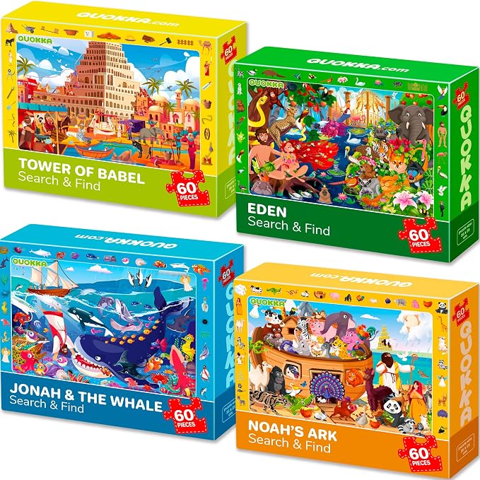 60 Piece Puzzles for Kids Ages 6-8 - 4 Jigsaw Bible Kids Puzzles Ages 4-6 | Christian Religious Puzzles for Kids Ages 8-10 - Noah's Ark Toy - Tower of Babel - Garden of Eden - Educational Children Gift