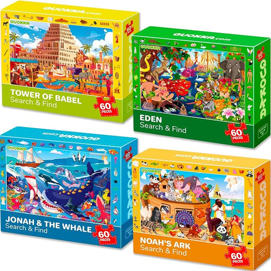 60 Piece Puzzles for Kids Ages 6-8 - 4 Jigsaw Bible Kids Puzzles Ages 4-6 | Christian Religious Puzzles for Kids Ages 8-10 - Noah's Ark Toy - Tower of Babel - Garden of Eden - Educational Children Gift