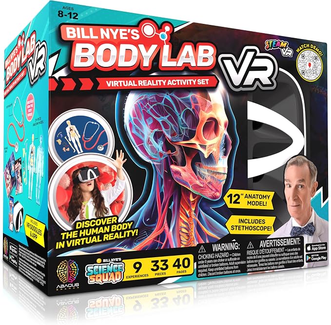 Abacus Brands Bill Nye's Science Squad Body Lab VR- Kids STEM Activity Set | Virtual Reality Goggles, 30-pc Human Anatomy Model, Working Stethoscope, 40-pg Educational Book, Hands-On Experiment, Ages 8+