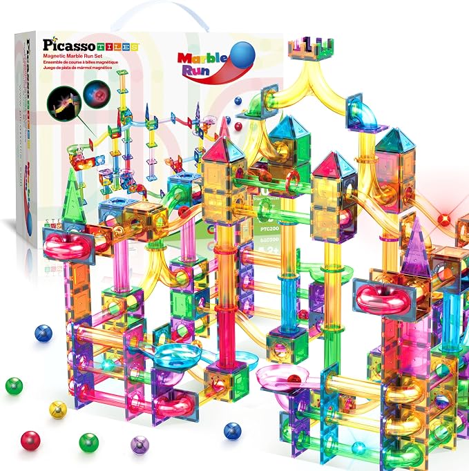 PicassoTiles 200 PCS Picasso Tiles Marble Run LED Race Track Set Ages 3+ | 193 translucent parts, 7 balls including 2 light-up, vertical & horizontal 3D builds, BPA-free ABS, fine motor & spatial play