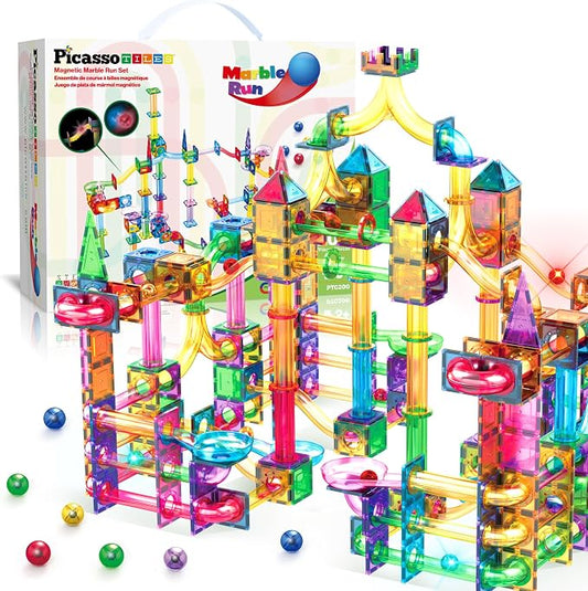 PicassoTiles 200 PCS Picasso Tiles Marble Run LED Race Track Set Ages 3+ | 193 translucent parts, 7 balls including 2 light-up, vertical & horizontal 3D builds, BPA-free ABS, fine motor & spatial play