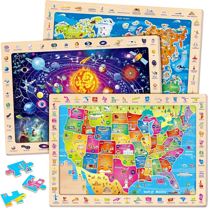 SYNARRY Large USA World Solar System Wooden Puzzles for Kids Ages 4-6 | 60 Piece Match & Find Puzzles for Kids Ages 3-5, Puzzles for Kids Ages 6-8, Birthday Gifts, Educational Geography & STEM Toys