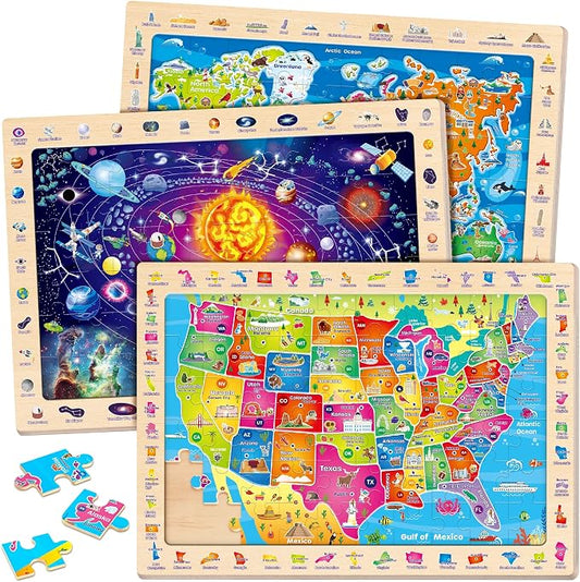 SYNARRY Large USA World Solar System Wooden Puzzles for Kids Ages 4-6 | 60 Piece Match & Find Puzzles for Kids Ages 3-5, Puzzles for Kids Ages 6-8, Birthday Gifts, Educational Geography & STEM Toys