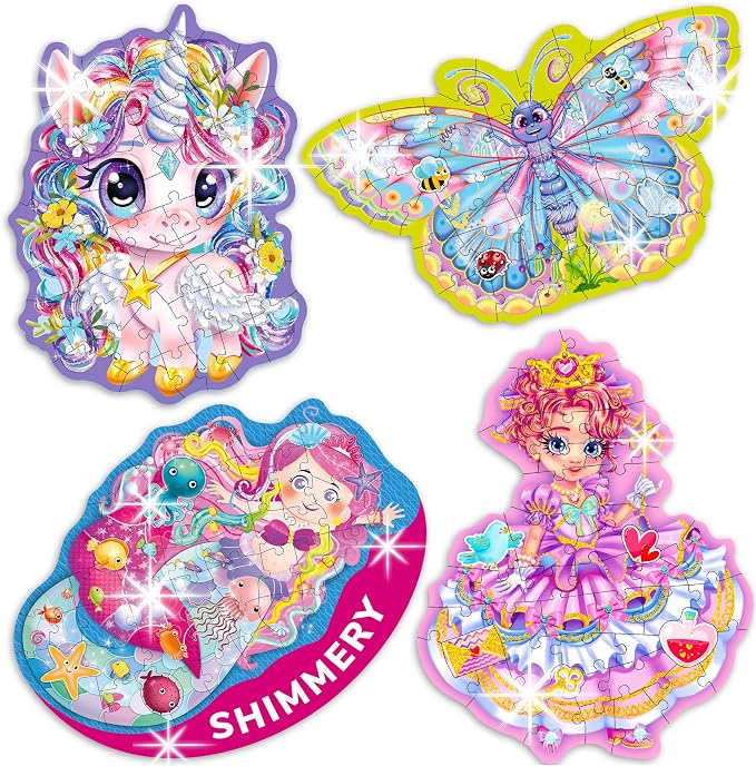 48 Piece Puzzles for Kids Ages 4-6 - 4 Jigsaw Kids Puzzles Ages 3-5 | Shimmery Princess, Mermaid, Butterfly and Unicorn Shaped Children's Game - Puzzles for Kids Ages 5-8 - Educational Toy Gift
