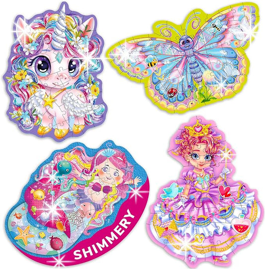 48 Piece Puzzles for Kids Ages 4-6 - 4 Jigsaw Kids Puzzles Ages 3-5 | Shimmery Princess, Mermaid, Butterfly and Unicorn Shaped Children's Game - Puzzles for Kids Ages 5-8 - Educational Toy Gift