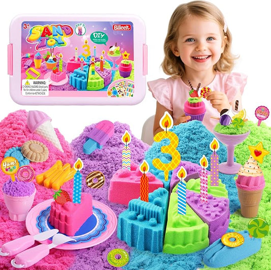 Billeeit. Cake & Ice Cream Sensory Bin Sand Toy, Fun Gift for Kids Girls 3+ | Sand Kit Sensory Toys w/lid and 4 Color Moldable Sensory Play Sand 2.2lbs, Molds, Tools Set 43pcs Total for Toddlers