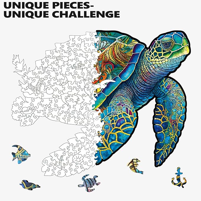 Mys Aurora Wooden Puzzles, Sea Turtle Jigsaw Puzzles 300 Pieces | 5MM Unique Shaped Wooden Puzzle for Adults and Kids, Family Game 11.3 x 13.8 Inch