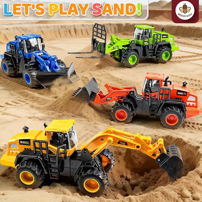 Beestech Construction Truck Toys for 3 4 5 6 7 8 Years Old Boys, Truck Vehicles Sand Sandbox Beach Toys, Excavator Forklift Bulldozer Friction Powered