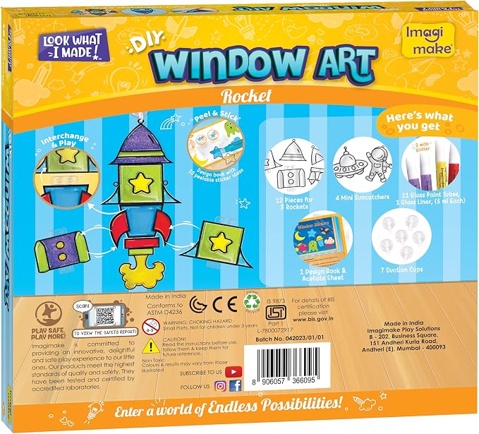 Imagimake Window Art - Rocket, DIY Mess-Free 16 Pieces Suncatcher Kit | Stained Glass Painting Craft Activity for Kids, Birthday Gift for Boys & Girls Ages 5,6,7,8,9,10,12 Years Old