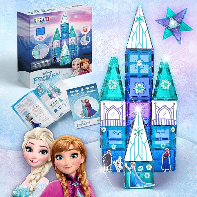 Tytan Toys Disney Frozen Magnetic Tiles Princess Castle - 68-Piece STEAM Building Set with Glitter Tiles & Elsa, Anna, Olaf Stickers - Educational Frozen Toys for Girls Age 3-4+
