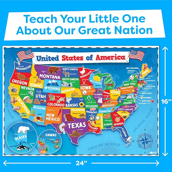 United States and World Map For Kids Classroom Posters 2pc Set - 24” x 16” Waterproof US and World Map for Classroom Decor Posters - Teacher Classroom Must Haves - Homeschool Back to School Supplies