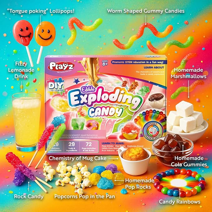 Playz Edible Exploding Candy Making Kit for Kids Age 8-12, 29+ Fun Science | Experiments kit DIY Explosive Chemistry kit for kids Rock, Gummy Chocolate, hard candy maker STEM Toys/gift for Girls & Boys