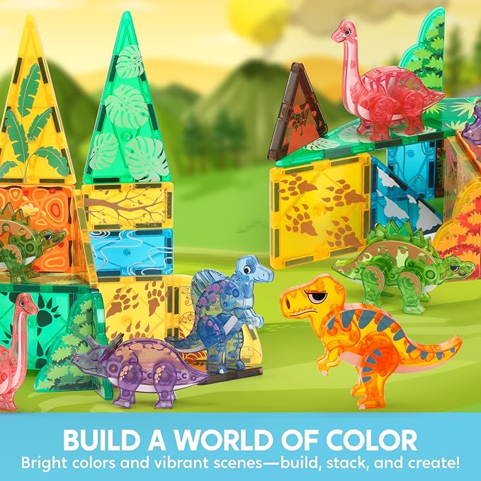 SYNCFUN Magnetic Building Tiles Dinosaur Set for Kids, 50PCS Including 5 Cute Dinosaurs, Educational STEM Toy for Boys & Girls Ages 3-5 4-8, Christmas Birthday Party Gift