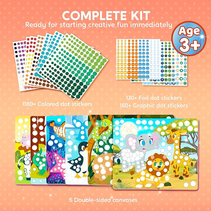 Klever Kits Dot Art Kit for Kids, No Mess Sticker for Kids 3-7, Craft Kits, DIY Creative Activity, Travel Toy, Birthday Gifts for Boys Girls (Animal)