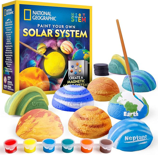 National Geographic Magnetic Solar System Art Kit for Kids with 9 Magnets | 9 Solar System Magnets, Sun and Planets, 6 Paint Colors and 2 Brushes, 3D Space Toy, Craft Project, Birthday Gift