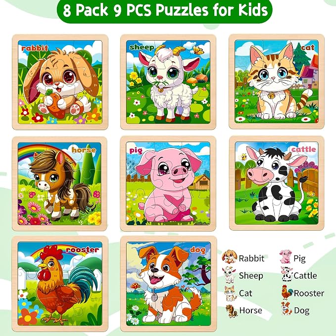 Wooden Farm Puzzles for Toddlers, 8 Pack 9 PCS Jigsaw Puzzles for Kids | Wooden Puzzles for Toddlers 3-5, Animal Puzzles for Kids 3-5, Preschool Puzzles Learning Educational Sets Toys