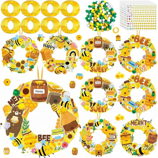 Hollowfly 48 Sets Bee Craft Kits DIY Summer Wreath with Honey Stickers | Paper Bee Crafts for Kids Activities, Sunflower Decorations with Adhesive Honey Stickers, Hanging Ornaments for Party