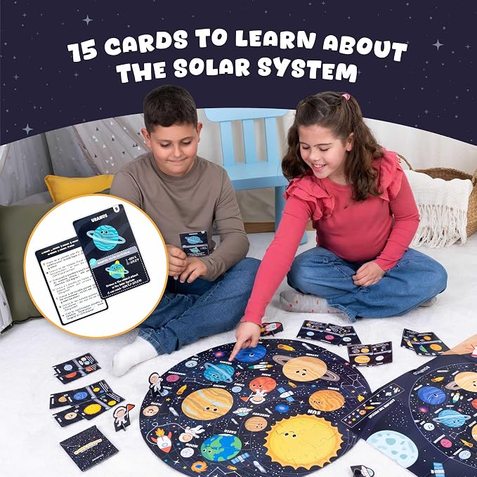 BONNYCO Giant Floor Puzzles for Kids Solar System with 70 Large Pieces. Round Space Puzzle with Planets, 23 x 23 in, 15 Cards, 4 3D Figures, Guide. Learning Gifts, Toys for 4 Year Old Boys | With 15 cards and 4 figures. Round Puzzle 58 x 58 cm, Guide I...