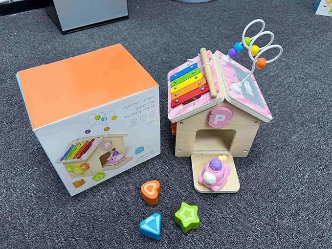Wooden Activity Cube for Toddlers 1-3 with Press to Go Car Toy, Montessori Baby Educational Learning Toys for Kids, Multipurpose Infant Activity Center, for Girls Boys 1+ Year Old