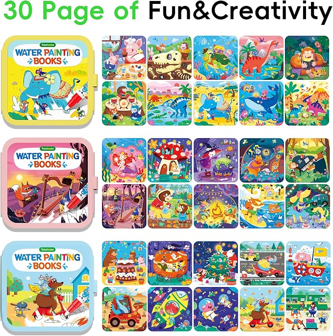 Timetome Water Painting Books for Kids Ages 3-6 | Water Coloring Books with Water Pens, No Mess Travel Toy for Kids to Develop Creativity, Fine Motor Skills and Early Learning