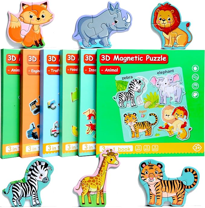 Magnetic Puzzles for Kids Ages 3-5, Travel Toddler Animal Puzzle Toy | Refrigerator Magnet Game for Ages 4-6, Learning & Birthday Gift for Boys, Car Airplane Road Trip Quiet-Time Activity Toys