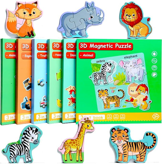 Magnetic Puzzles for Kids Ages 3-5, Travel Toddler Animal Puzzle Toy | Refrigerator Magnet Game for Ages 4-6, Learning & Birthday Gift for Boys, Car Airplane Road Trip Quiet-Time Activity Toys