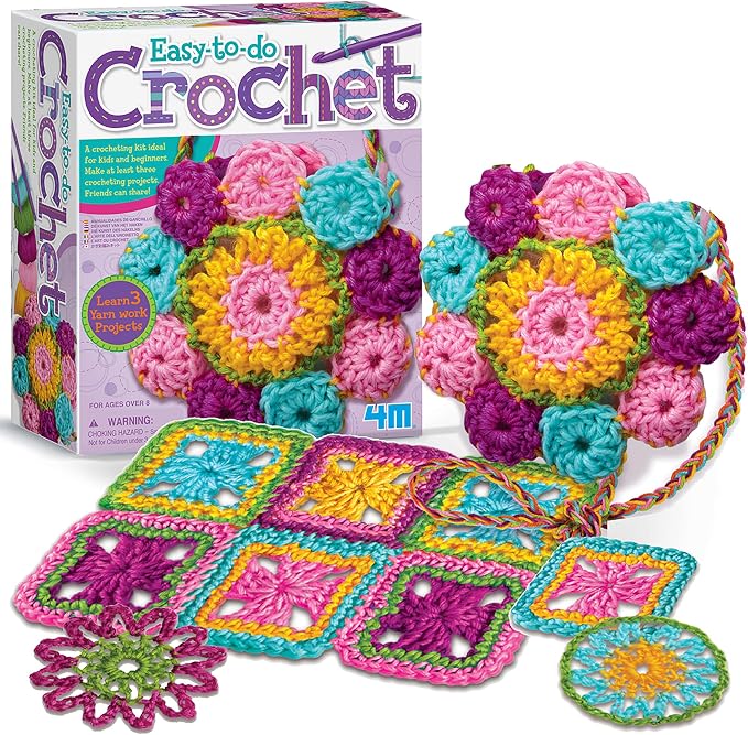 4M Easy-to-Do Crochet Kit - DIY Knitting Set for Beginners & Kids Ages 8+ | All-in-1 yarn craft kit includes hooks and materials to create a mini bag, coasters, and placemat with ease