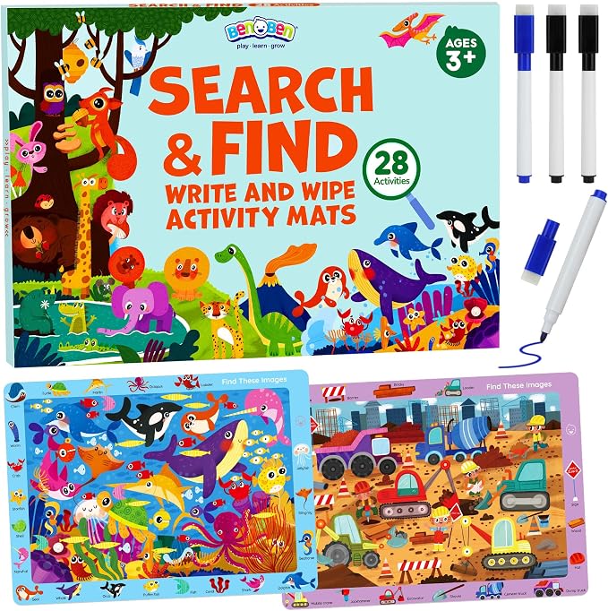 BenBen Search and Find Books for Kids Ages 3 4 5 6 7 8, Dry Erase, Reusable | 28 Pages, Preschool Learning Activities, Travel Game for Road Trip, Fine Motor Skills, Birthday Gift for Kindergartener