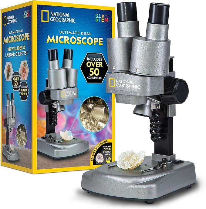 National Geographic Dual LED Kids Microscope - 50+ pc Science Kit with 10 Prepared Slides & 10 DIY Blank Slides, Biology Experiment Activity, Microscope Kit for Kids 8-12 (Amazon Exclusive) | Dual LED Illumination, 10 Prepared Slides, 10 Blank Slides, ...