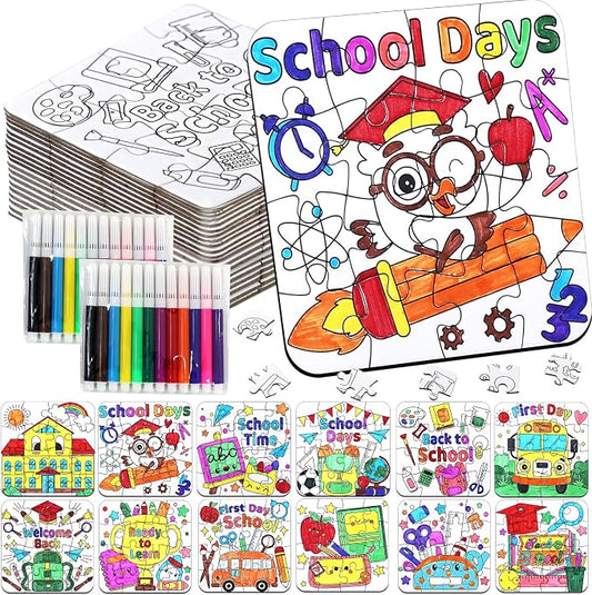 24 Sets Back to School Crafts for Kids Bulk, First Day of School DIY Arts Kits Puzzle Activities Bus Glasses Apple Pencil, Religious Jigsaw for Classroom Gifts, Party Favors, Coloring Games Supplies