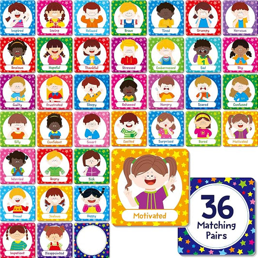 Hebayy 72 PCS Emotions Matching Game, 36 Pairs Feelings Memory Matching Cards Emotional Learning Activities Calm Down Corner Supplies for Baby Toddler Pre-K Preschool Kindergarten Autism ADHD
