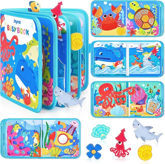 JoyCat Ocean Busy Book for Toddlers 1-3, Montessori Travel Activity Book | Ocean busy book with sea animal activities helps toddlers practice life skills, fine motor skills and quiet travel play.