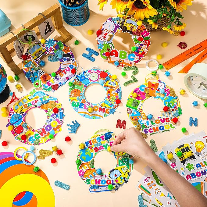 Hollowfly 48 Sets Back to School Craft Kits DIY Wreath for First Day | 8 Wreath Designs, Lightweight Foam Ornaments, Make Your Own School Craft, First Day Activities Back to School Party Favors