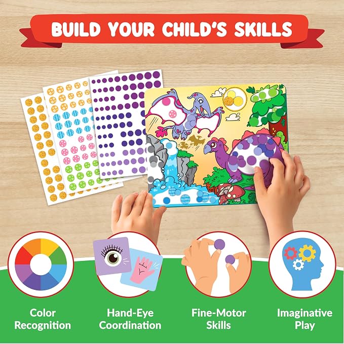 Dot Sticker Art Activity - Dinosaurs, Educational Toys for 3 Year Old Boys | No Mess Crafts for Kids, Stocking Stuffers Toddlers, DIY Gifts for Boys & Girls Ages 3, 4, 5, 6, 7 Year Old, Travel Toys