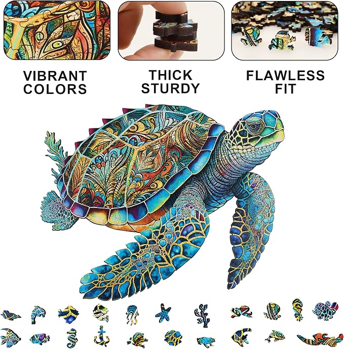 Mys Aurora Wooden Puzzles, Sea Turtle Jigsaw Puzzles 300 Pieces | 5MM Unique Shaped Wooden Puzzle for Adults and Kids, Family Game 11.3 x 13.8 Inch
