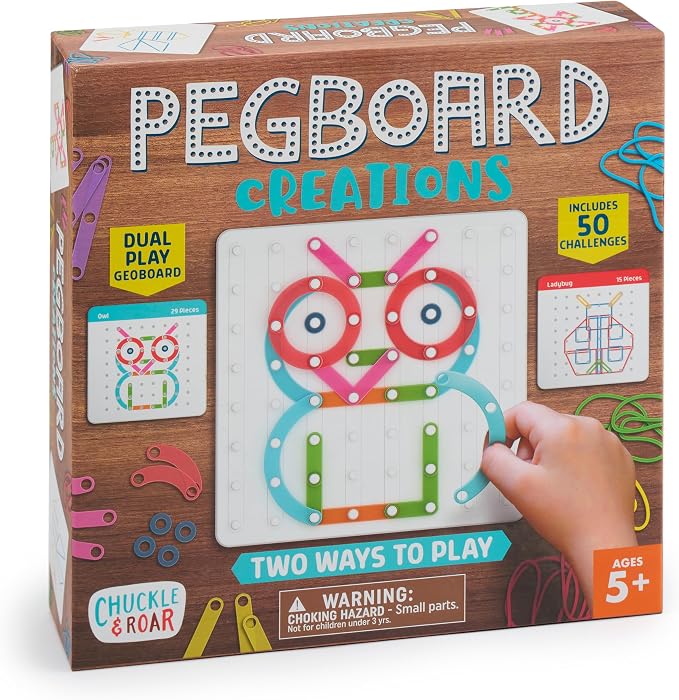 Chuckle & Roar Pegboard Creations Geoboard Set – 2-in-1 Peg Pieces & Rubber Band Art Board, Includes 25 Double-Sided Challenge Cards (50+ Designs), Creative STEM Activity for Kids Ages 5+