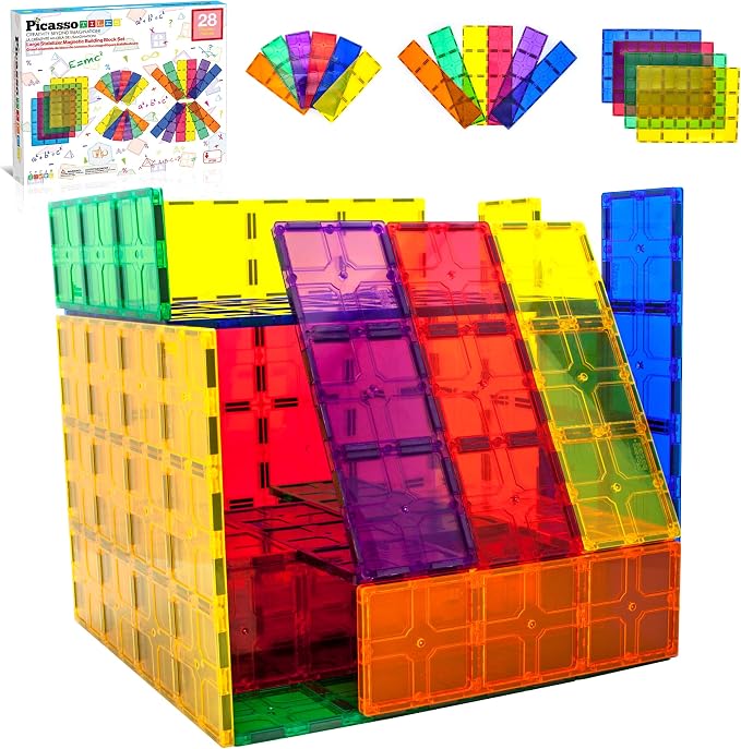 PicassoTiles 28 Piece Large Magnetic Tiles, Stabilizer STEM Set for Kids 3+ | Doubles as foundation, column, pillar support, extra strong magnets, vivid clear colors, safe creative preschool play time