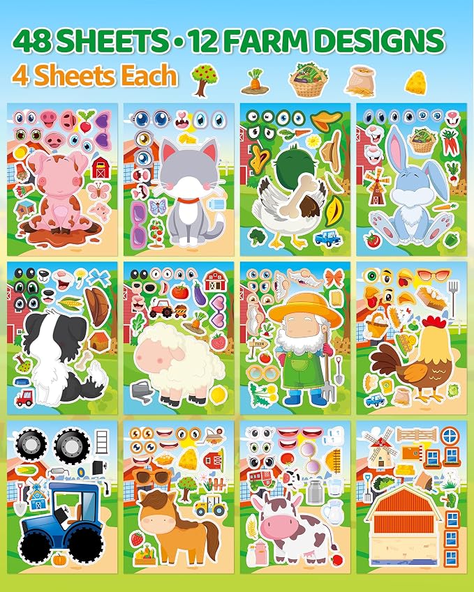 Aowplc 48 Sheets Farm Animal Make‑a‑Face Stickers for Kids & Toddlers – 12 Unique Mix‑and‑Match Designs – Farm Party Favors, Birthday Supplies, Activities & Crafts