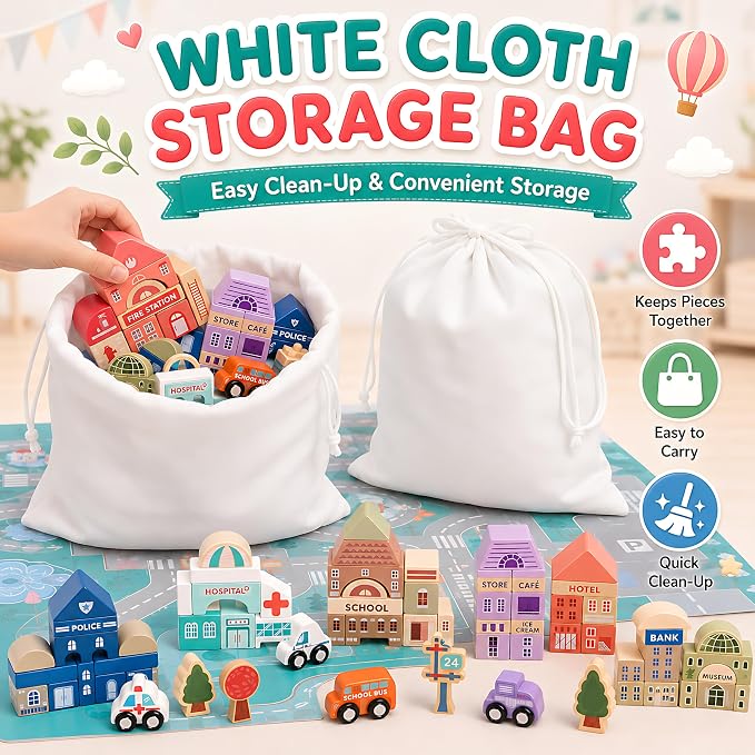 Migargle Wooden Building Blocks Set, 115 Pcs City Construction Stacker Stacking Preschool Learning Educational Toys, Toddler Toys for 3+ Year Old Boy and Girl Gifts