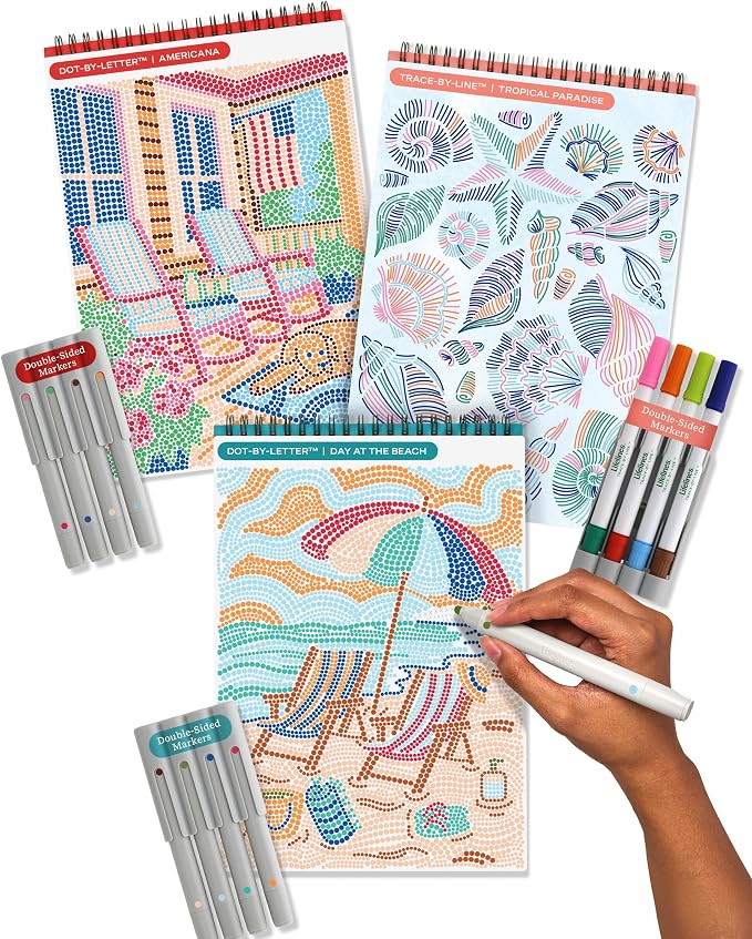 Lifelines FlowArt Activity Pads, 3-Pack, Dot-by-Letter Coloring Books | 12 Double-Sided Markers, 60 Scenes - Guided Dot Art Meditations for Tweens, Adults & Seniors - Patent-Pending