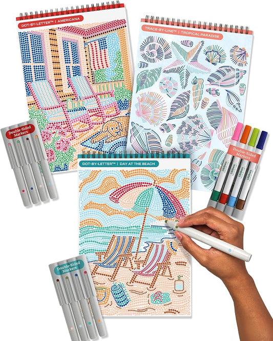 Lifelines FlowArt Activity Pads, 3-Pack, Dot-by-Letter Coloring Books | 12 Double-Sided Markers, 60 Scenes - Guided Dot Art Meditations for Tweens, Adults & Seniors - Patent-Pending