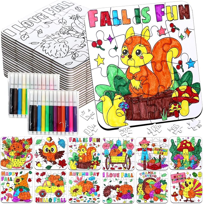 Thanksgiving Fall Arts & Crafts for Kids, Autumn Activity Kit Blank Puzzle | 24 Set Thanksgiving Jigsaw Pumpkin Turkey for Fall Harvest Party Favors Classroom Gifts DIY Coloring Games Toys Supplies Bulk
